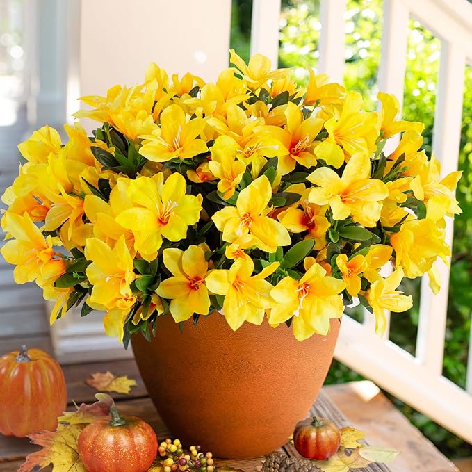 Artificial Flowers for Outdoors, 3 Bundles Fake Silk Azalea Bouquet Faux Flower Plants Outside Decoration UV Resistant Realistic Fake Flowers for Planter Front Door Patio Garden Walkways Home, Yellow