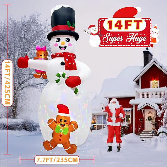 AerWo 14FT Giant Christmas Inflatable Outdoor Decoration, Christmas Blow Ups Yard Decorations Snowman with Gingerbread Man Inflatables, Christmas Inflatables with Rotating LEDs for Lawn Xmas Decor