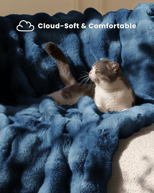Ultra Soft Cozy Faux Fur Throw Blanket, Fuzzy Plush Thick Bubble Blanket, Oversize Luxury Fluffy Blanket for Couch, Bed, and Living Room, 60x80 Inches, Blue