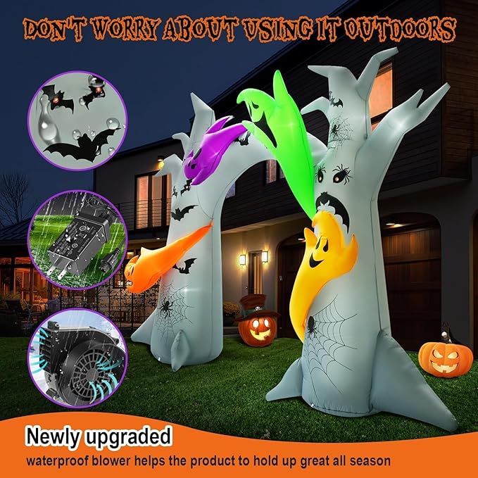 14FT Length X 10FT Tall Halloween Archway Inflatable Tree with 4 Colorful Ghosts, Blow Up Tree Inflatables Arch Built-in 15 Led Lights for Halloween Inflatable Outdoor Decorations