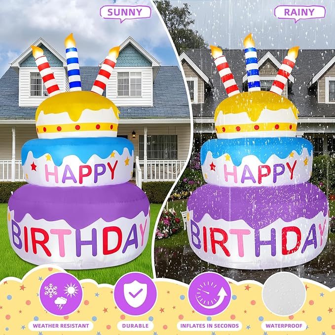 B&D 6FT Happy Birthday Cake Inflatable Decoration, Rotating Cake with Three Colors, Sparkling LED Lights, Eye-catching Outdoor, Indoor Decor for Birthday Party, Holiday, Light Up for Lawn Yard Garden