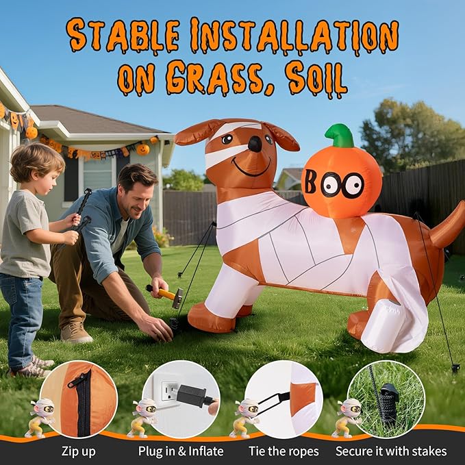 Dawdix 5FT Halloween Inflatables Mummy Dog Outdoor Decoration, Funny Blow Up Puppy Wrapped in Toilet Paper with Boo Pumpkin, Lighted Yard Dachshund Decor, Halloween Blow Up for Lawn, Garden, Porch