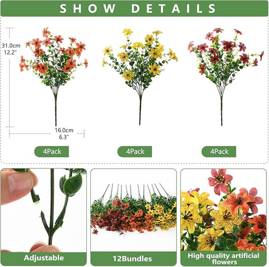 Artificial Mums Flowers Outdoors Autumn Decor, Fall Fake Silk Daisy UV Resistant, 12 Bundles Outside Faux Flower Plants for Home Garden Porch Patio Yard Balcony Window (Yellow Brown Orange)