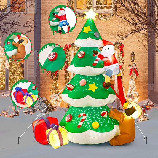 BOHON 7.9 FT Inflatable Christmas Tree Decorations Outdoor, Built-in Rotated Snowflake Light and LEDs, Blow Up Yard Christmas Tree with Santa Claus Dog Gift Boxes Inflatables for Indoor Xmas Decor