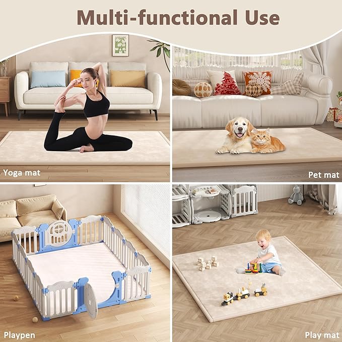 Baby Play Mat for Floor – 1.3 Inch Thick Memory Foam, Soft Coral Fleece Surface, Non-Slip Bottom – Perfect for Playtime, Tummy Time & Nursery, 59''x79''