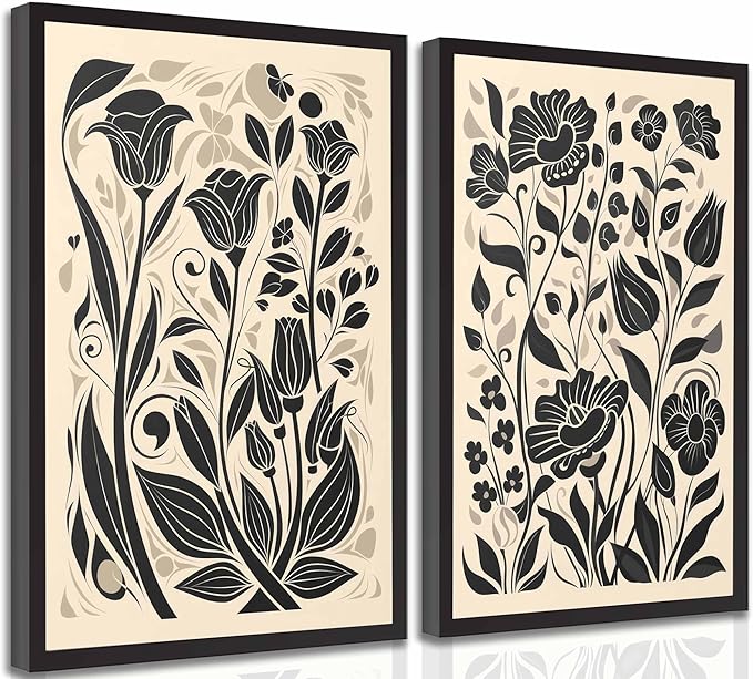 2 Pcs Boho Abstract Floral Canvas Wall Art Modern Minimalist Neutral Beige and Black Floral Botanical Wall Decor Poster Print Artwork for Living Room Bedroom Office Home Decoration Unframed