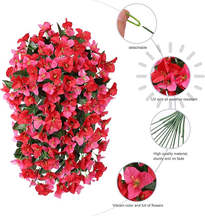 Faux Bougainvillea Artificial Flowers Plants for Outdoor Outside Spring Decoration, 2pcs Fake Silk Long Trailing Vines UV Resistant Realistic for Front Door Porch Planter Urn Patio Balcony Yard, Mix