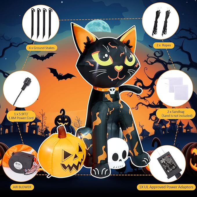 CAMULAND 5FT Halloween Decorations Outdoor,Halloween Inflatable Blow Up Black Cat and Pumpkin Decor with Built-in LED Lights Trick or Treat for Indoor Lawns Yards Party Home