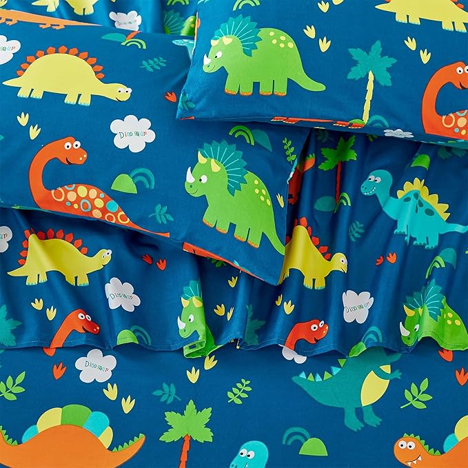 RYNGHIPY Kids Dinosaur Sheets Set for Boys Soft Microfiber Dino Sheets for Twin Size Bed Deep Pocket Fitted Sheet Flat Sheet and Pillowcase (Blue Dinosaur,Full)