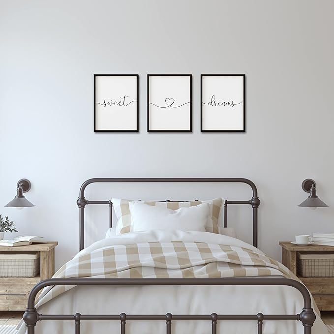 Set of 3 Framed Farmhouse Sweet Dreams Sign 11x14” Above Bed Wall Decor for Bedroom Decor Wall Art Wood Signs (11"x14", Black)