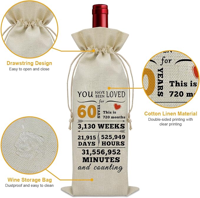 Sazuwu Happy 60th Birthday Gifts for Women Wine Bag 60 Year Old Birthday Gifts for Men Wine Bottle Storage Bag Funny Turning 60 Gifts Born in 1964 Gifts Wine Accessories Gifts for Wine Lovers