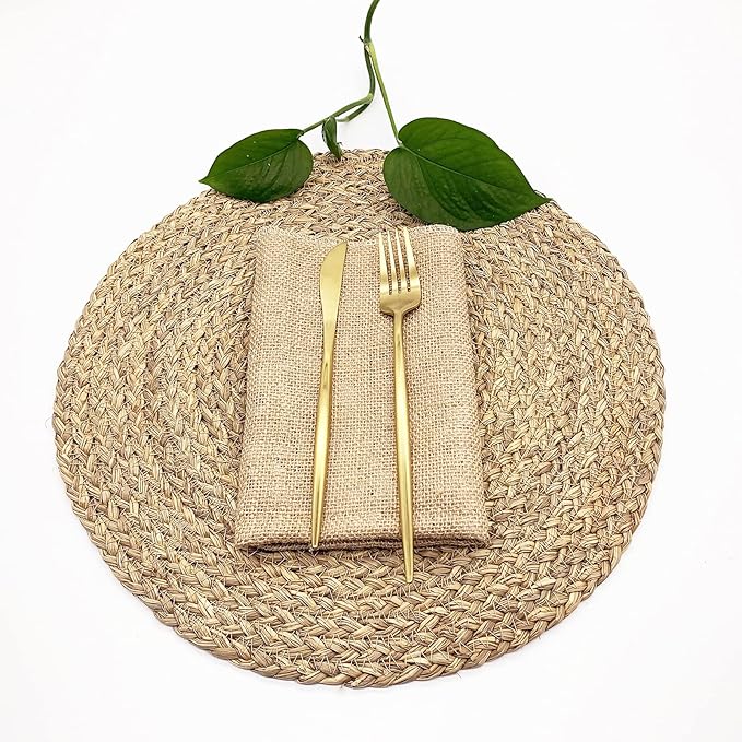 Woven Placemats for Dining Table Set of 6, 100% Natural Straw, Rustic Round Placemats Farmhouse Table Mats Rattan Wicker Placemats Hand Braided Place Mats for Indoor Outdoor, 14.17“