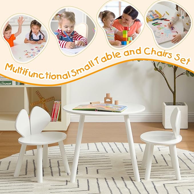 VECELO Kids Table and Chair Set, Oval Table with 2 Bunny Ear Chairs, Perfect for Toddlers Playing and Activities, Snow White