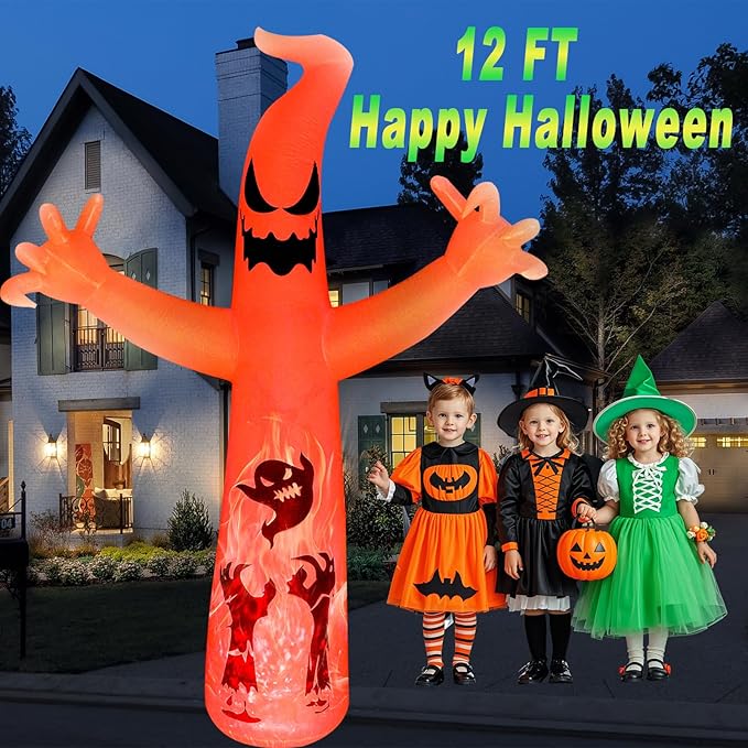 12 FT Halloween Inflatable Ghost with Color-Changing Fire LED Lights – Spooky Outdoor Yard Decoration for Halloween, Inflatable Ghost Decor for Garden & Party