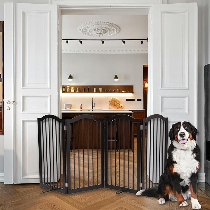 INTERNET'S BEST Arched Top Dog Gate with Support Feet | 4 Panel, 36" H Wooden Pet Barrier for Dogs or Cats | Freestanding Folding Gates for Doorways, Hallways, Stairs| Portable, Extra Wide | Espresso