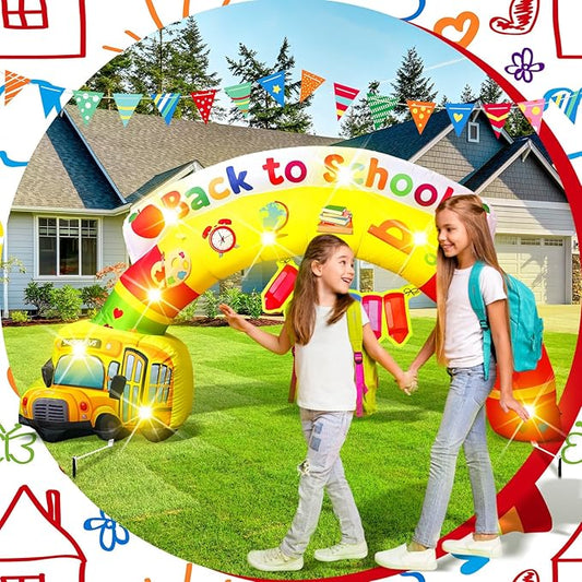 VIHOSE 6.56 ft Width Back to School Inflatables Arch First Day of School Outdoor Decorations Inflatable Rainbow Arch with Bus Pencil Build in LED Lights for Party Supplies Decor