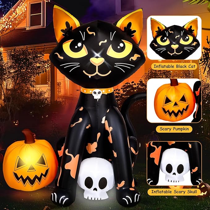 CAMULAND 5FT Halloween Decorations Outdoor,Halloween Inflatable Blow Up Black Cat and Pumpkin Decor with Built-in LED Lights Trick or Treat for Indoor Lawns Yards Party Home