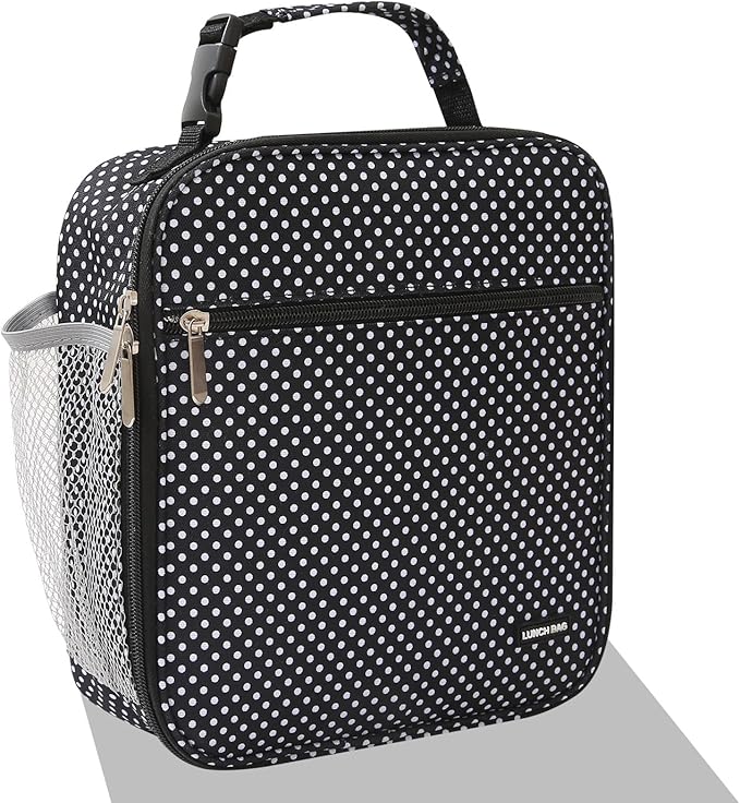 Lunch box Lunch bag for men women Insulated Lunchbox Lunch bags for Work Picnic Travel (Black polka dot)