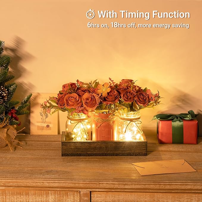Mkono Mason Jar Lights Centerpiece Table Decorations for Dining Room Farmhouse Coffee Table Decor Tray with 3 Jars Flowers Centerpieces Spring Decor for Kitchen Living Dining Room, Orange