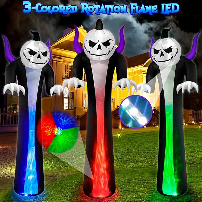 12FT Halloween Inflatables Decoration Outdoor Giant Pumpkin Reaper Ghost Built-in 3-Colored Rotation Flame LED Halloween Blow Up Yard Decorations Spooky Outdoor Party Yard Lawn Decor(1PCS)