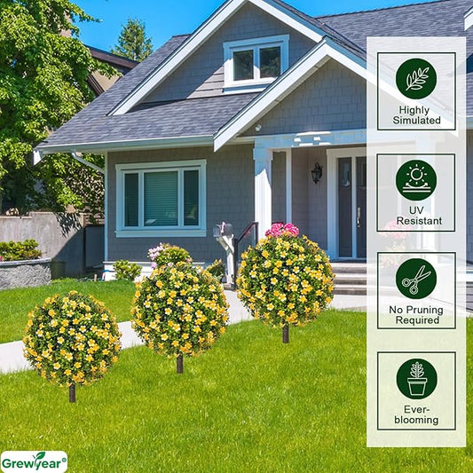 Artificial Topiary Ball Trees with Spike Set of 2, Fall Faux Boxwood Plants for Outdoor Planters, UV Resistant Artificial Outdoor Shrubs, Fake Bushes for Porch, Garden, Patio Decor