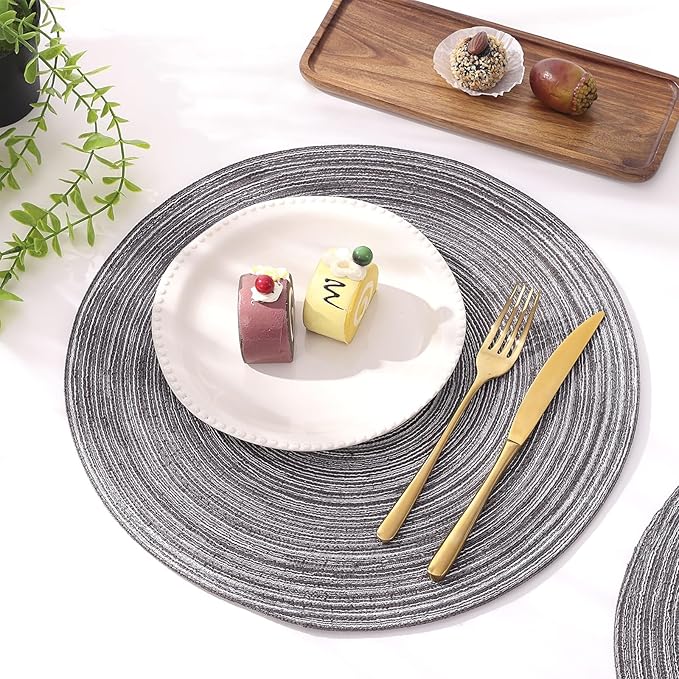 SHACOS Round Braided Placemats Set of 8 Round Table Mats for Dining Tables Non Slip Washable (Black Grey, 8)