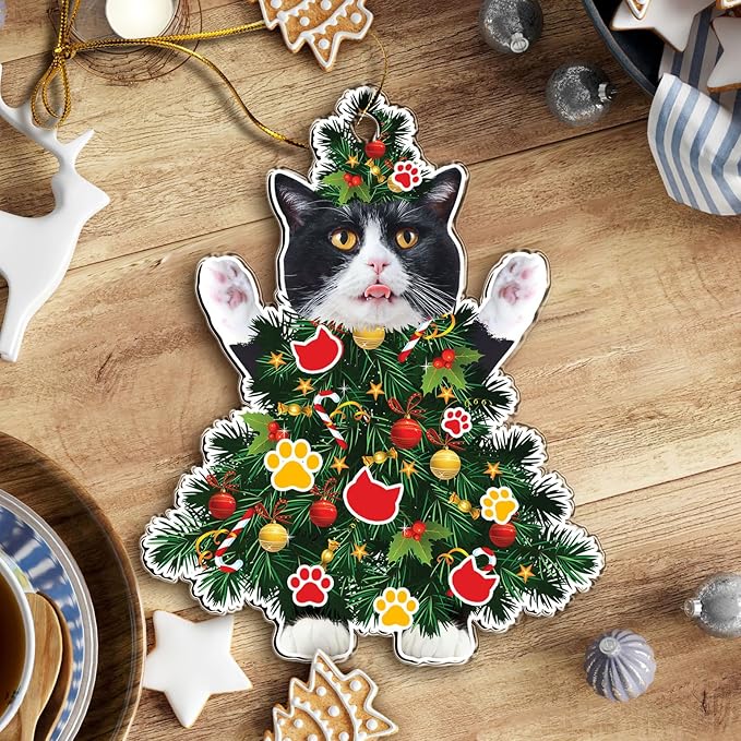 Tuxedo Cat Christmas Ornament - Adorable Cat Dressed as a Tree - Black and White Festive Holiday Decoration