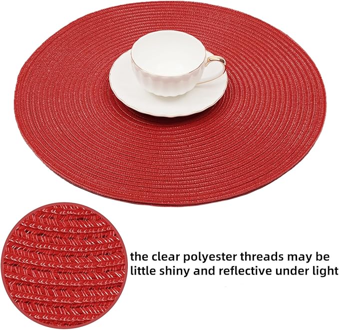 SHACOS Round Placemats Set of 6 Woven Braided Polyester 15 inch Circle Placemat for Dining Tables Kitchen Table Mats Washable for Christmas Home Wedding Party Table Decor (Red, 6)