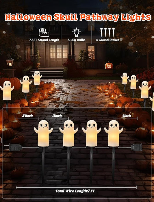 Halloween Ghosts Pathway Lights,4 Pack Ghosts Stake Lights with C7 Clear Bulbs,7Ft Extendable Waterproof Walkway Lights Halloween Decor for Yard Porch Lawn Pathway Garden