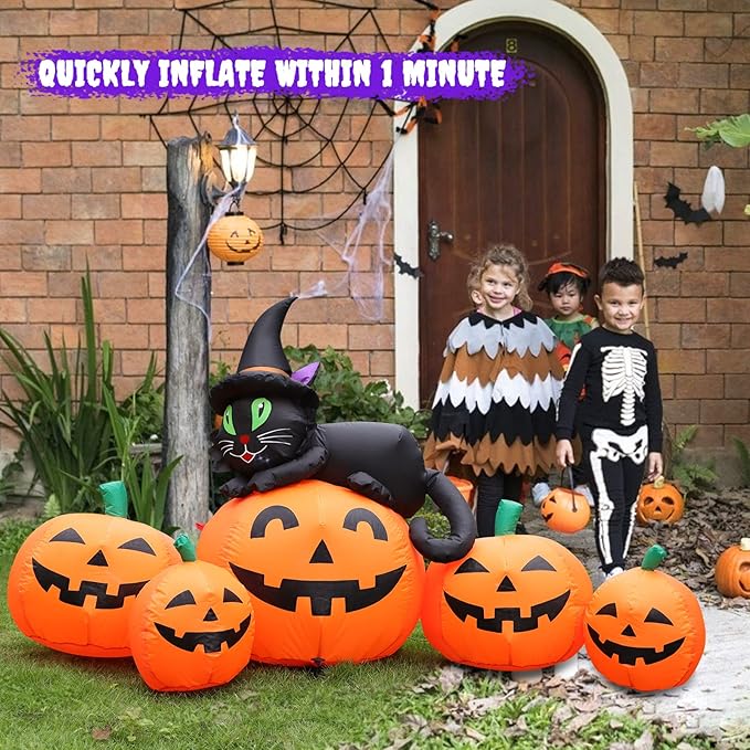 5FT Halloween Inflatable Pumpkin Outdoor Decoration, Lighted Blow Up Yard Decor, 5PCS Pumpkins with Witchâs Black Cat Built-in LED Lights for Balcony Home Holiday Party Lawn Patio Outside Events Prop