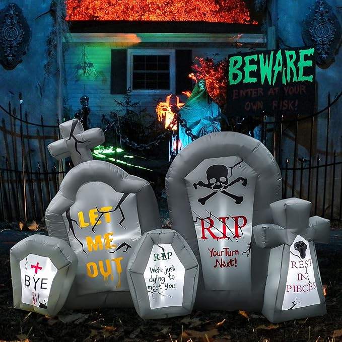 RETRO JUMP 6.6 Ft Halloween Inflatables Tombstone Combo Blow up Spooky Gravestone Holiday Lighted Decoration Headstone for Indoor Outdoor & Yard Garden Lawn
