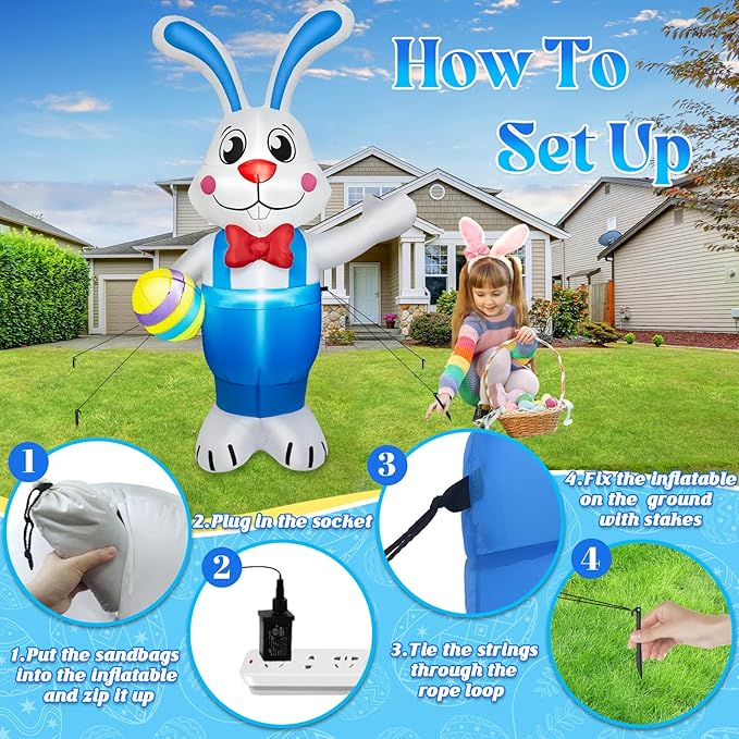 6FT Easter Inflatables Outdoor Decorations, Inflatable Bunny Holds Egg Built-in LED Lights Blow Up Inflatable Easter Outdoor Decorations for Holiday Party Indoor Outdoor Garden Lawn Yard Decor