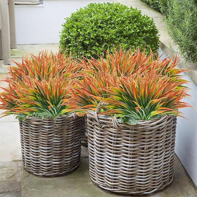 Artificial Fake Grass,12PCS Outdoor Faux Grasses Plastic Plants Greenery UV Resistant for Outside Home Windowbox Garden Office Patio Hanging Planter Front Porch Fall Décor (Red)