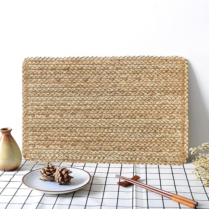 Woven Placemats Set of 4 Rattan Placemats Rectangle Natural Placemats Wicker Heavy Braided Straw Placemat Farmhouse Square Plates Place mats for Indoor/Outdoor Patio Table 17.7'' X 11.8''