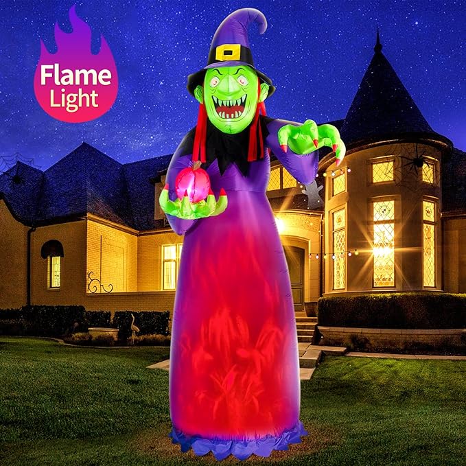 DomKom 10FT Halloween Inflatable Decorations, Blow Up Witch with Built-in LED Magic Flame Lights for Scary Halloween Party Outdoor, Yard, Garden Lawn Holiday Décor
