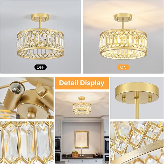 Crystal Ceiling Light Fixture, Modern Semi Flush Mount Light, Gold Lighting Fixtures Ceiling Chandelier for Kitchen, Bedroom, Dining Room, Hallway, 3-Light, 12.2 Inch