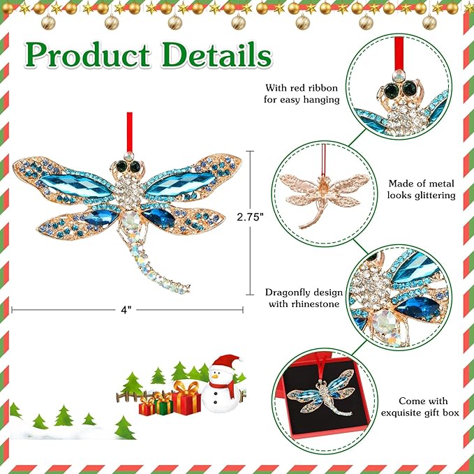 WhatSign Blue Dragonfly Christmas Ornaments - Metal Dragonfly Ornaments for Christmas Tree Decorations Gifts for Women Girls Kids