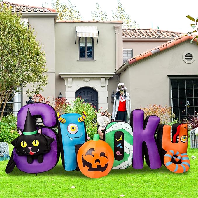 MUMTOP 8.85 Ft Long Inflatable Outdoor Halloween Decoration, Inflatables Spooky Sign with Black Cat Halloween Pumpkin Decorations Blow Up with Built-in LED Lights for Yard Party Holiday Garden Decor