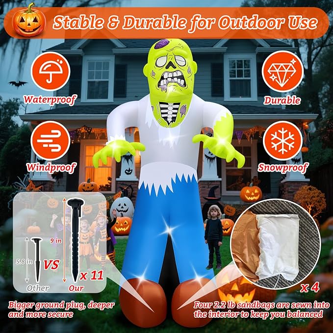 Halloween Inflatables Ghost Decorations Outdoor - 20FT Extra Large Horror Green Zombie Halloween Blow up Yard Decorations with LED Build-in for Garden Lawn Indoor Party Decor