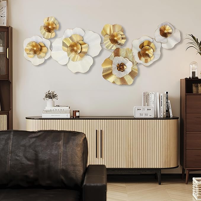 Metal Wall Art, White Gold Abstract Wall Decorations Metal Wall Decor, Modern Metal Wall Sculptures,Large 3D Vertical 49"*25" Flower Wall Decor for Living Room Dining Room Bedroom Wall Hanging Decor