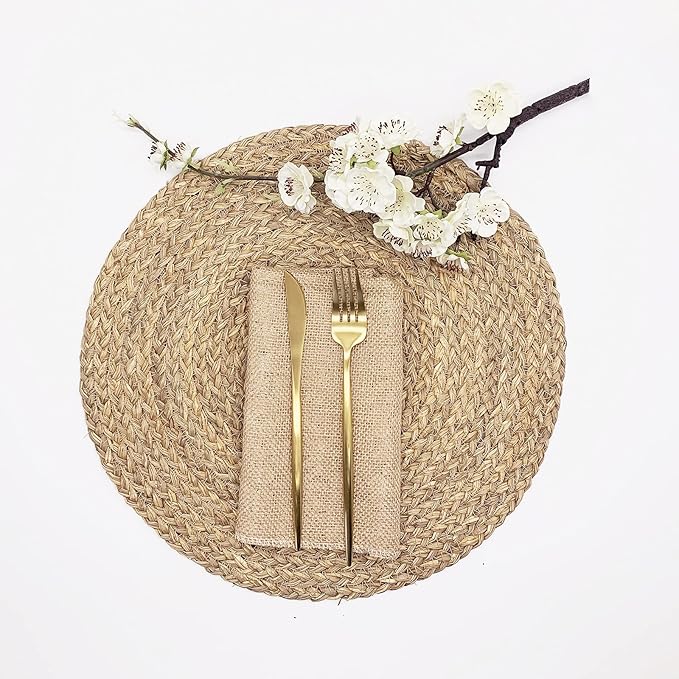 Woven Placemats for Dining Table Set of 6, 100% Natural Straw, Rustic Round Placemats Farmhouse Table Mats Rattan Wicker Placemats Hand Braided Place Mats for Indoor Outdoor, 14.17“