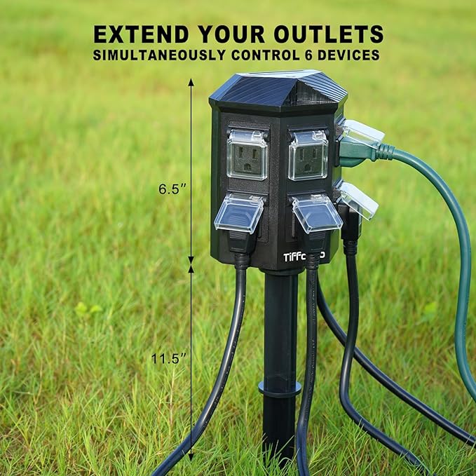 Outdoor Power Strip Weatherproof, 25 FT Extension Cord with Stake, 6 Grounded Outlets for Halloween Decorations and Inflatables, 15A/1875W, ETL Listed