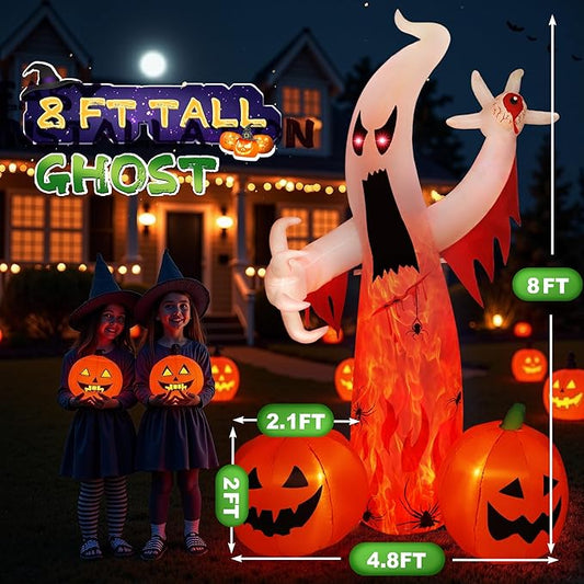 8FT Halloween Inflatables Ghost Decorations with Built-in LED Lights,Blow Up Scary Red Eye Pumpkin for Outdoor Halloween Party Garden Lawn Holiday Decor