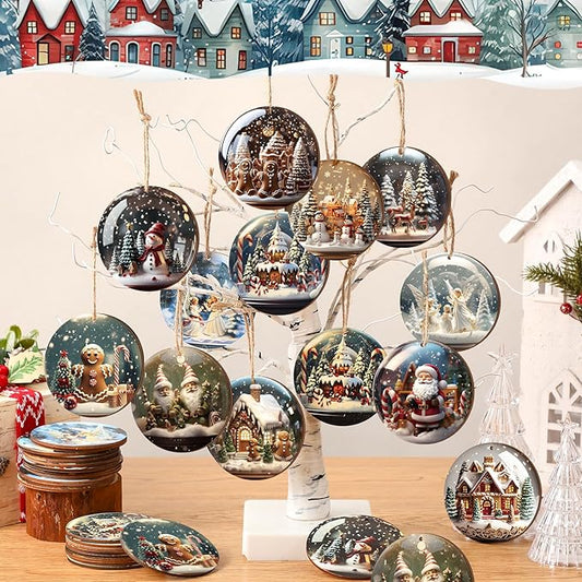 Suzile 36 Pcs Christmas Wooden Ornaments Vintage Round Christmas Tree Decoration Wooden Santa Claus Gingerbread Man Ornaments for Tree Winter Hanging Decoration for Xmas Farmhouse Home Party