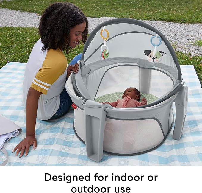 Fisher-Price Portable Bassinet On-The-Go Baby Dome, Travel Play Space with Developmental Newborn Toys & Canopy, Puppy Perfection
