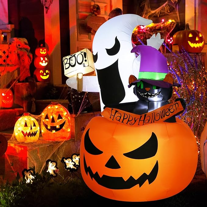 Inflatable Halloween Decorations, 6FT Outdoor Ghost Cat Pumpkin Halloween Inflatables, Outside Blow Up Yard Decoration with LED Lights, Halloween Decor for Home,Holiday,Party,Garden