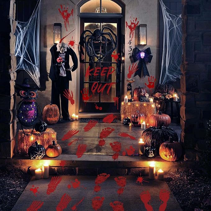 105 Pcs Bloody Halloween Decorations Bloody Footprints Floor Stickers Handprint Window Stickers Halloween Indoor Outdoor Wall Window Floor Stickers Decals (10 Sheets)
