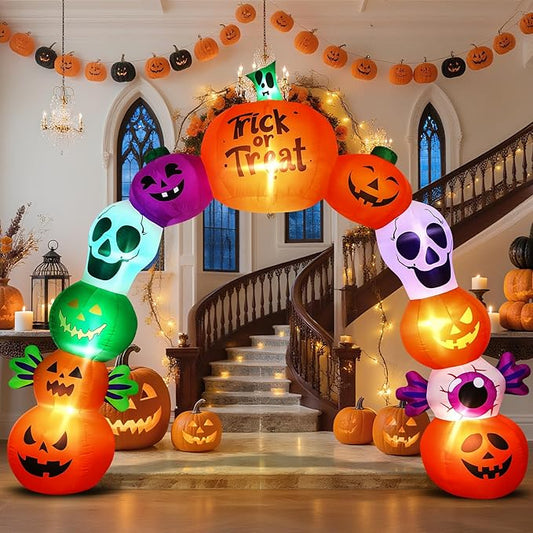 10FT Halloween Inflatables Pumpkin Skeleton Archway with Built-in LED Lights – Blow Up Yard Decoration with Candy Pumpkins for Indoor Outdoor Lawn Garden