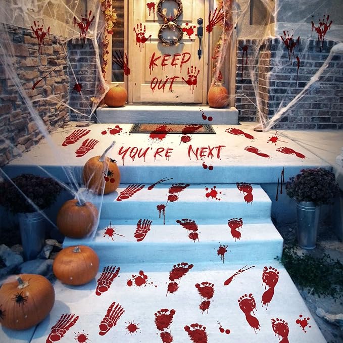 105 Pcs Bloody Halloween Decorations Bloody Footprints Floor Stickers Handprint Window Stickers Halloween Indoor Outdoor Wall Window Floor Stickers Decals (10 Sheets)