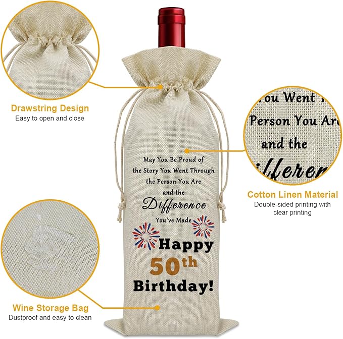 Birthday Gifts for Men 50 Years Old Inspirational Birthday Quotes Wine Accessories Gifts for Wine Lovers Birthday Gifts for Women Turning 50 Gifts for Someone Born in 1974 Wine Bottle Decoration Bag